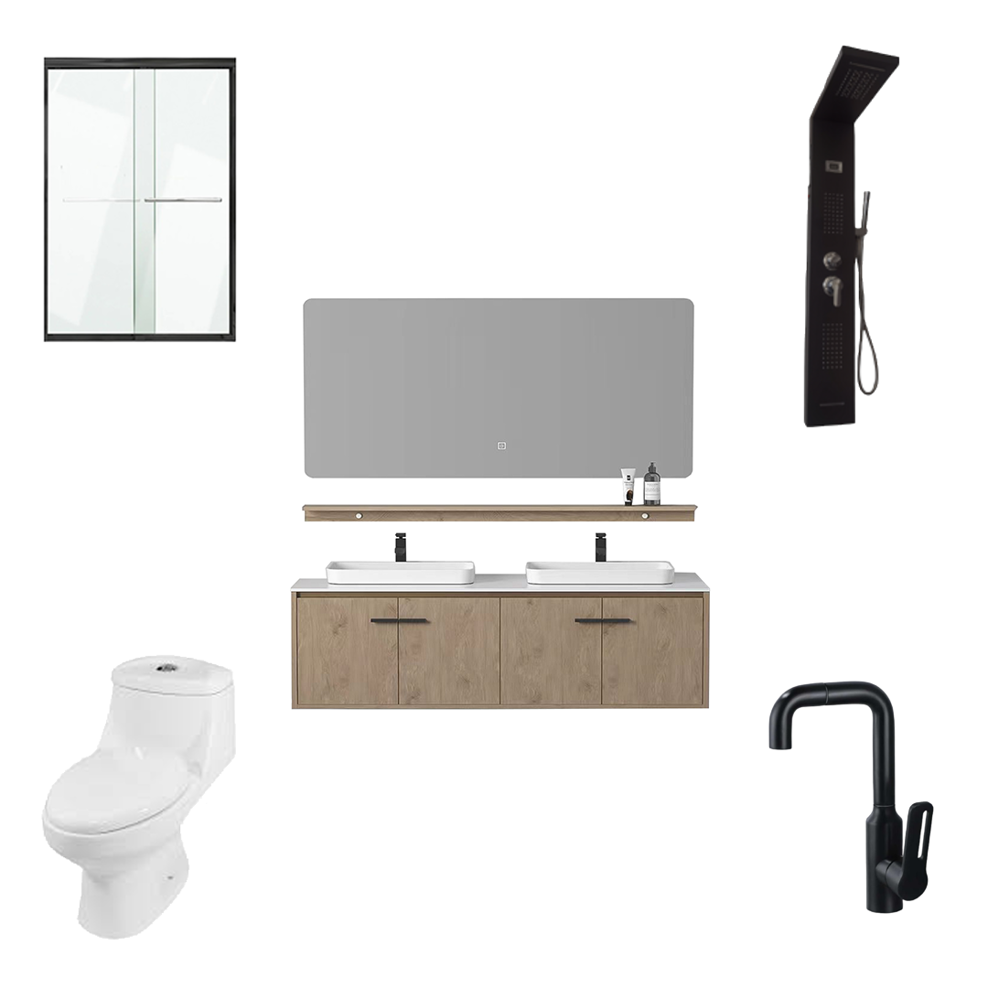 COMBO BAÑO B (Mueble de Baño Doble + Espejo LED + Puerta de Ducha + Ducha Panel + Inodoro + 2 Grifos).