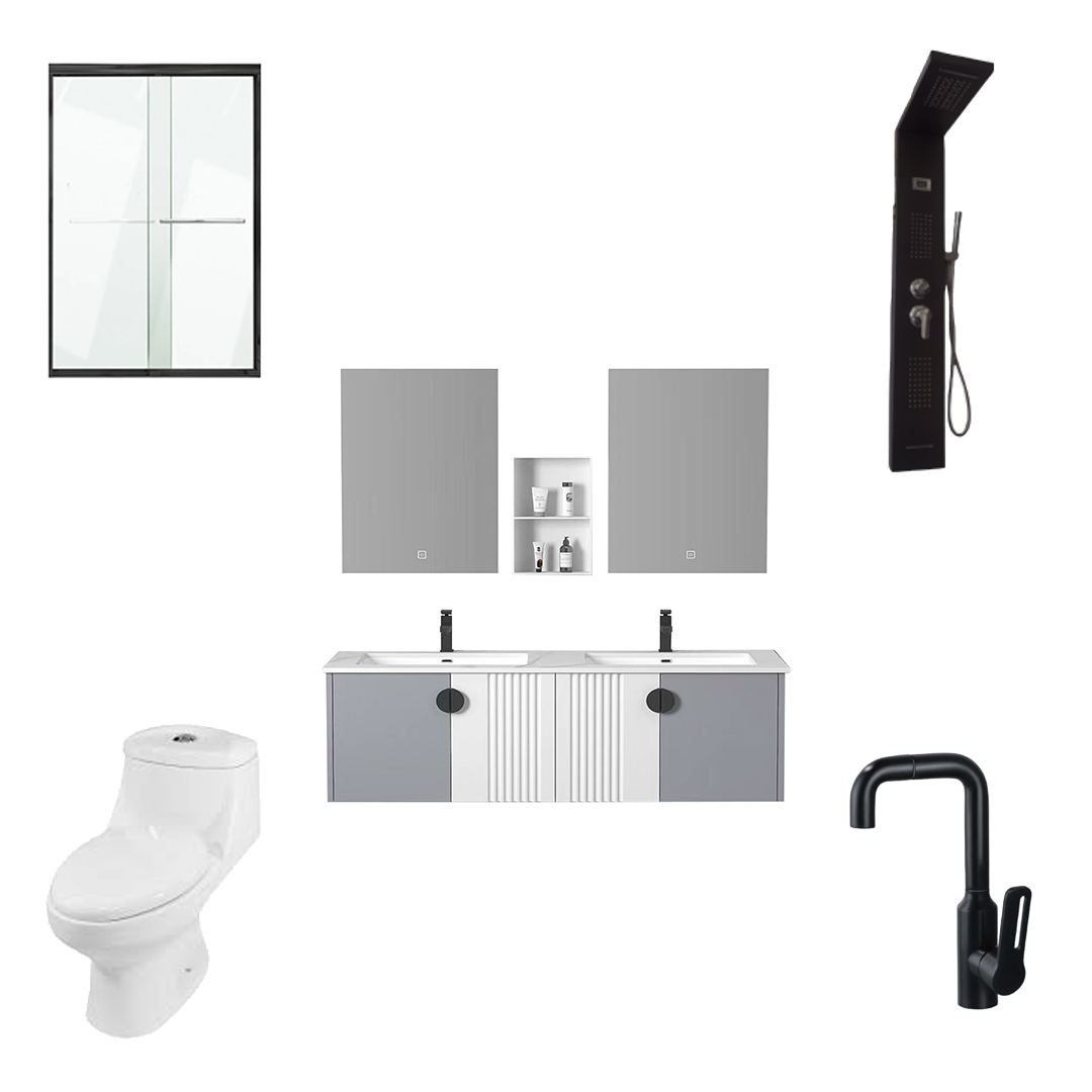 COMBO BAÑO A (Mueble de Baño Doble + Espejo LED + Puerta de Ducha + Ducha Panel + Inodoro + 2 Grifos).