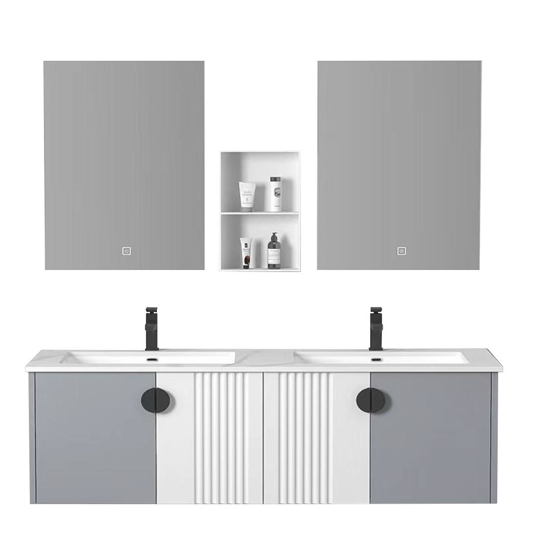 COMBO BAÑO A (Mueble de Baño Doble + Espejo LED + Puerta de Ducha + Ducha Panel + Inodoro + 2 Grifos).