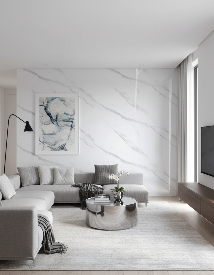 LÁMINA DE MÁRMOL PVC – MÁRMOL BLANCO STATUARIO – BRILLANTE – 1220×2800×3 MM – 3.41M²