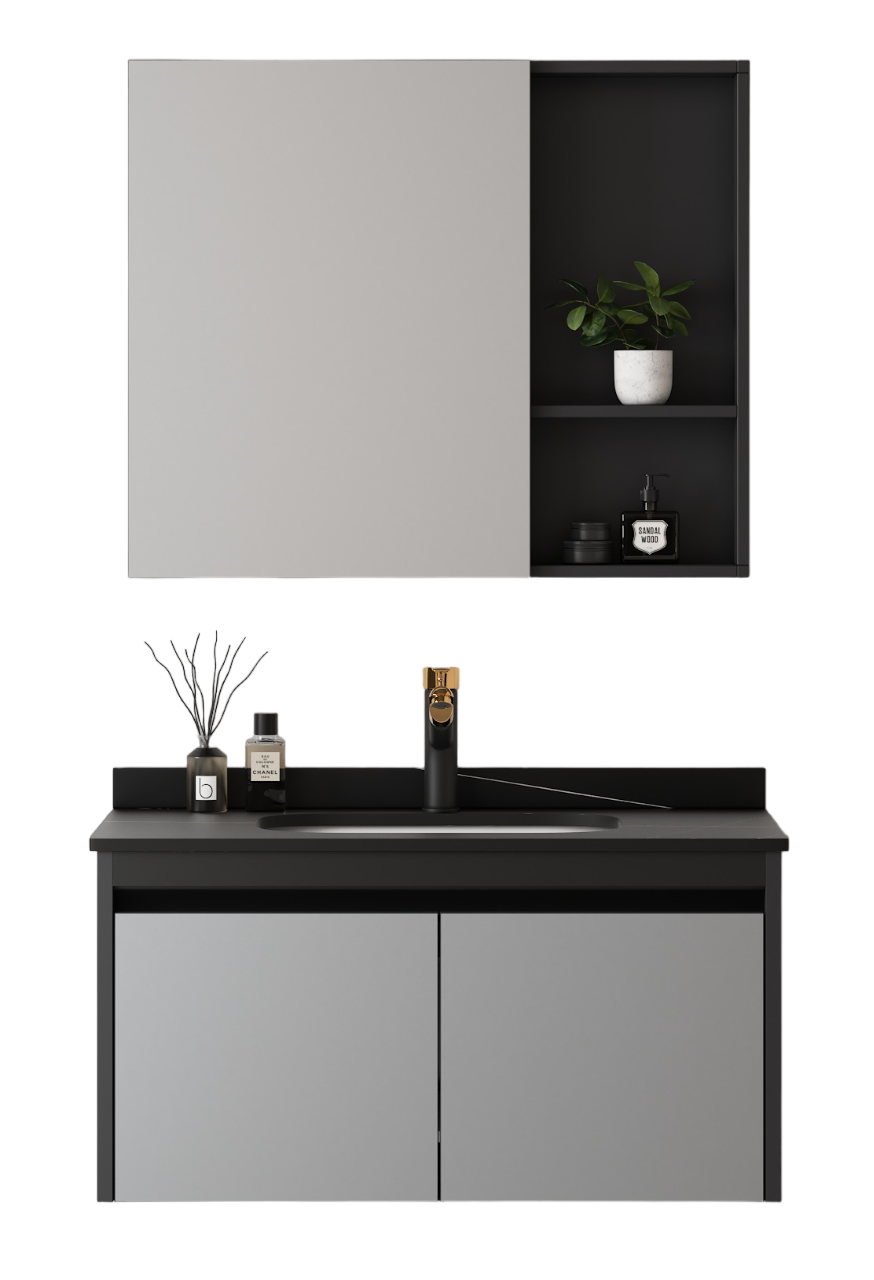 MUEBLE DE BAÑO ALUMINIO CON ESPEJO Y LAVAMANO