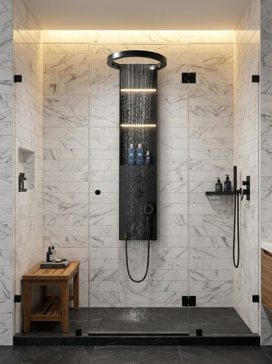 PANEL DE DUCHA PREMIUM EN ACERO INOXIDABLE 304 NEGRO CON ILUMINACIÓN LED – 1400×300 MM – YB-5957-1