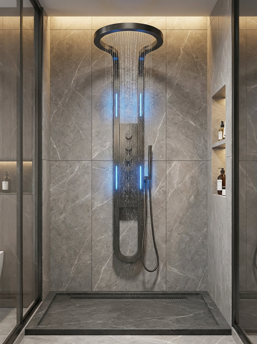 PANEL DE DUCHA PREMIUM EN ACERO INOXIDABLE 304 COLOR GUN METAL (GRIS OSCURO) – 1440×220 MM – YB-5967-2