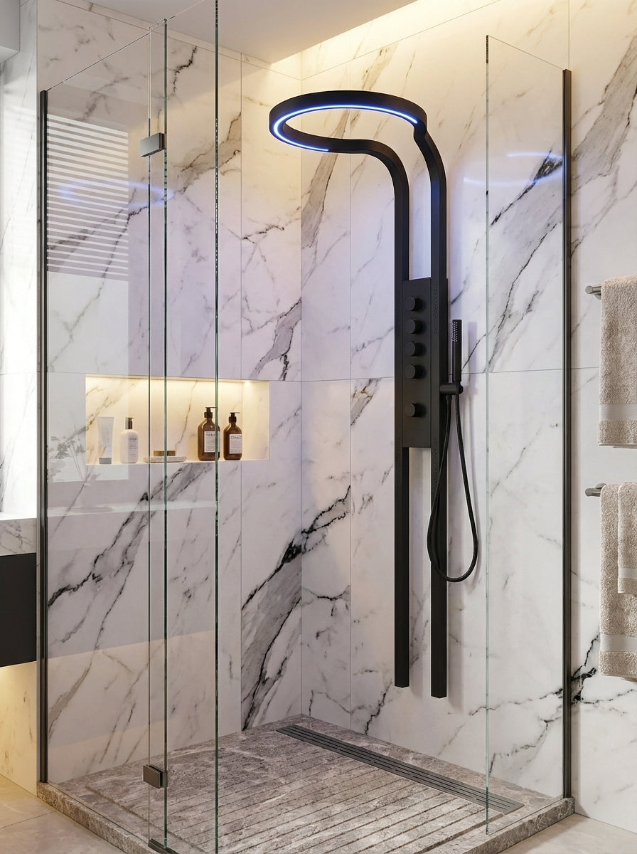 PANEL DE DUCHA PREMIUM EN ACERO INOXIDABLE 304 NEGRO CON ILUMINACIÓN LED – EXTRA ALTO 2000×220 MM – YB-5967-3L