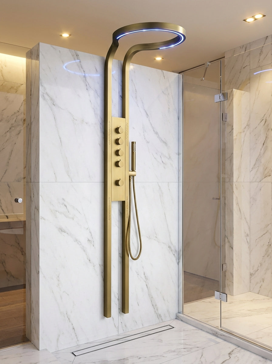 PANEL DE DUCHA PREMIUM EN ACERO INOXIDABLE 304 COLOR DORADO – EXTRA ALTO 2000×220 MM – YB-5967-3L