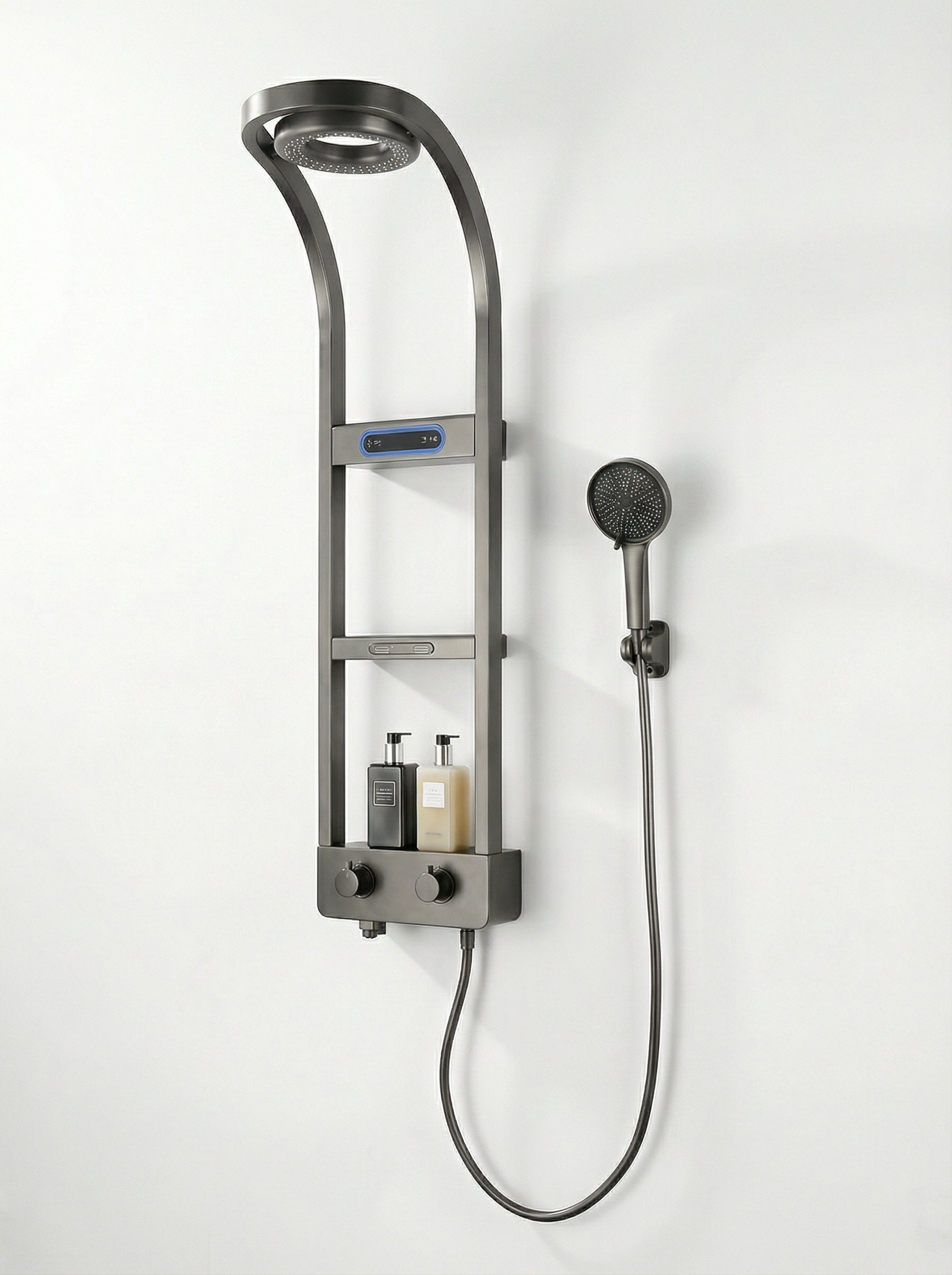 PANEL DE DUCHA PREMIUM EN ACERO INOXIDABLE 304 GUN METAL CON ILUMINACIÓN LED – 1250×315 MM – YB-5968