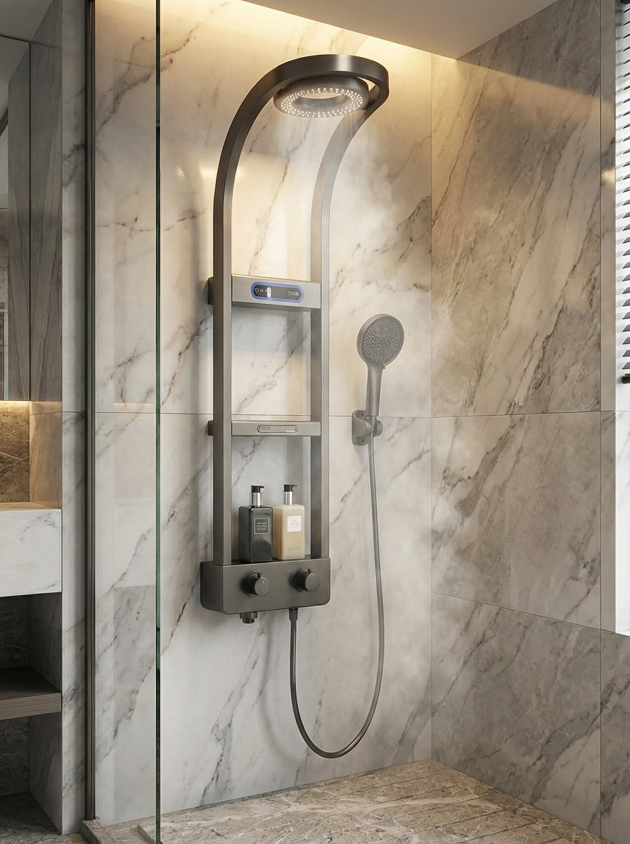 PANEL DE DUCHA PREMIUM EN ACERO INOXIDABLE 304 GUN METAL CON ILUMINACIÓN LED – 1250×315 MM – YB-5968