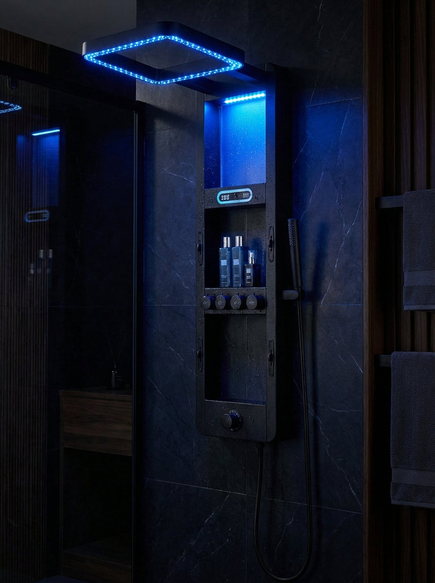 PANEL DE DUCHA PREMIUM EN ACERO INOXIDABLE 304 NEGRO – RESISTENTE A LA CORROSIÓN (1200×360 MM) – YB-6000-2