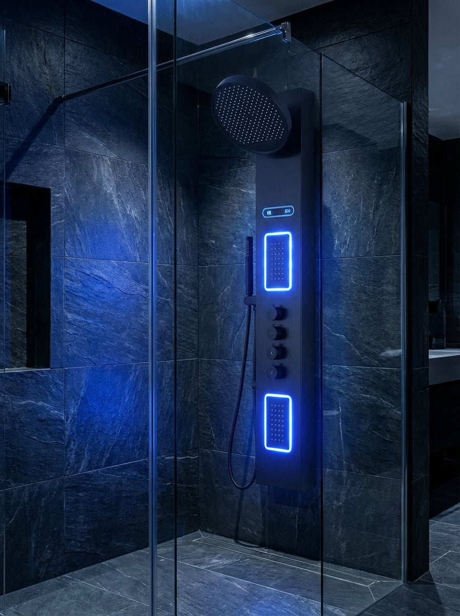 PANEL DE DUCHA PREMIUM EN ACERO INOXIDABLE 304 NEGRO CON ILUMINACIÓN LED – 1400×220 MM – YB-6016