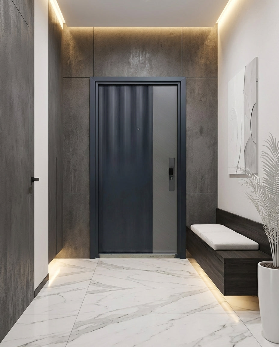 Puerta Principal de Seguridad Multipunto | Diseño Moderno Metal + Tipo Madera Gris | 0.98 x 2.15 m