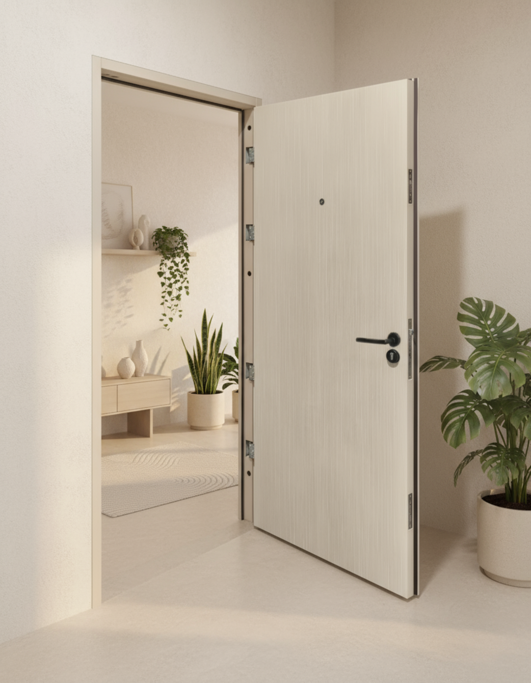 PUERTA DE SEGURIDAD MULTIPUNTOS - 97CM X 215CM X 70MM - CREMA NATURAL