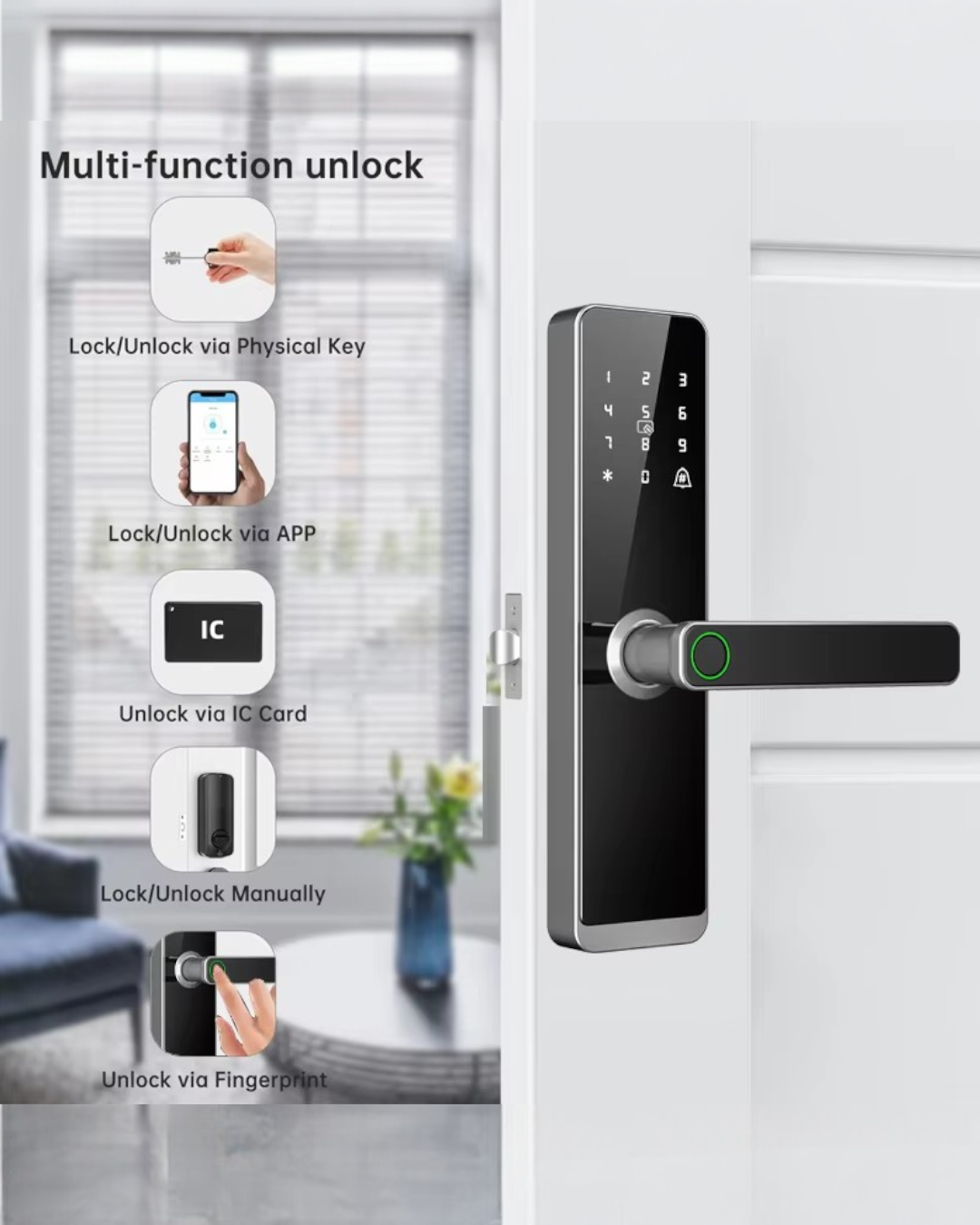CERRADURA INTELIGENTE - PUERTAS MULTIPUNTOS DE SEGURIDAD - TUYA APP - NEGRO - OS514TYF-6068