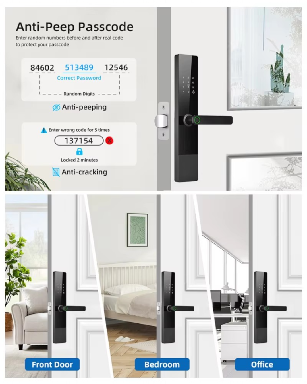 CERRADURA INTELIGENTE - PUERTAS MULTIPUNTOS DE SEGURIDAD - TUYA APP - NEGRO - OS574TYF-6068