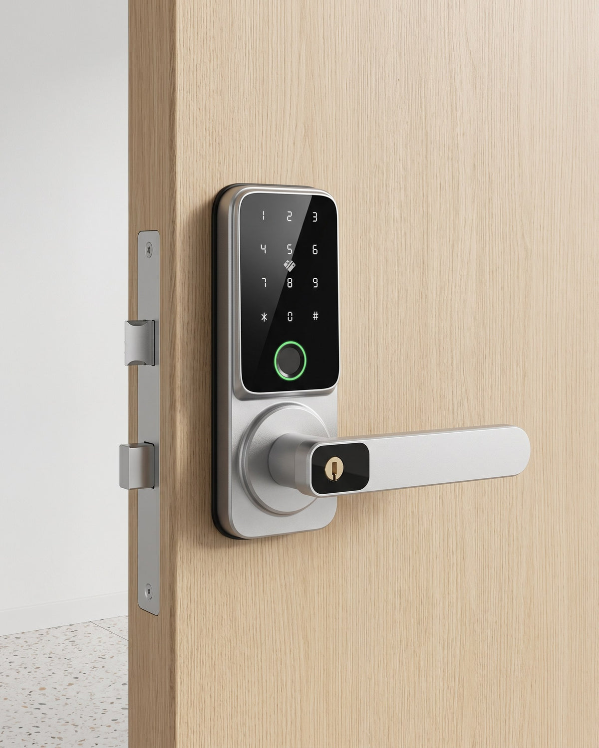Cerradura inteligente OS582FB instalada en puerta de madera