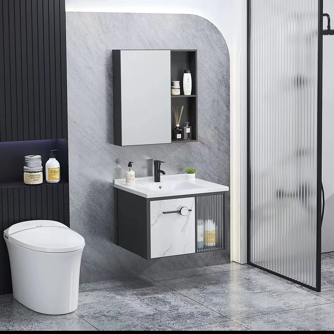 MUEBLE DE BAÑO ALUMINIO CON ESPEJO Y LAVAMANO