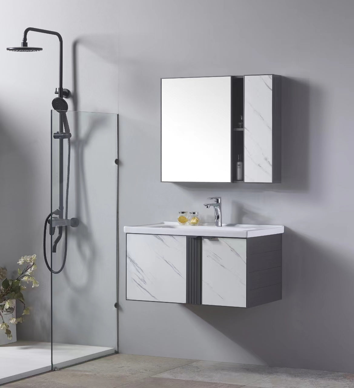 MUEBLE DE BAÑO ALUMINIO CON ESPEJO Y LAVAMANO