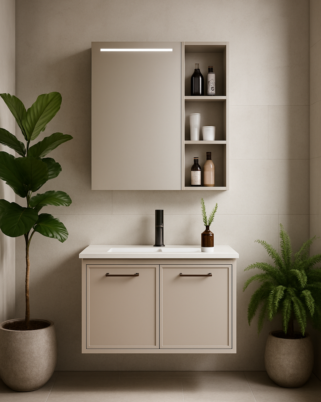 MUEBLE DE BAÑO + ESPEJO - PLYWOOD - TAUPE - 600*470*490mm