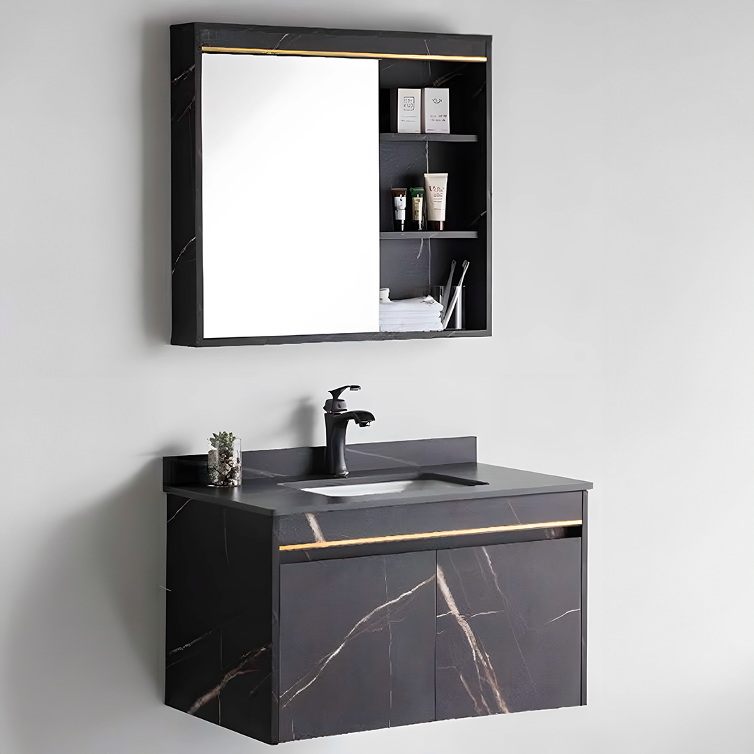 MUEBLE DE BAÑO + ESPEJO - PLYWOOD - NEGRO MARMOLEADO - 800*500*500mm