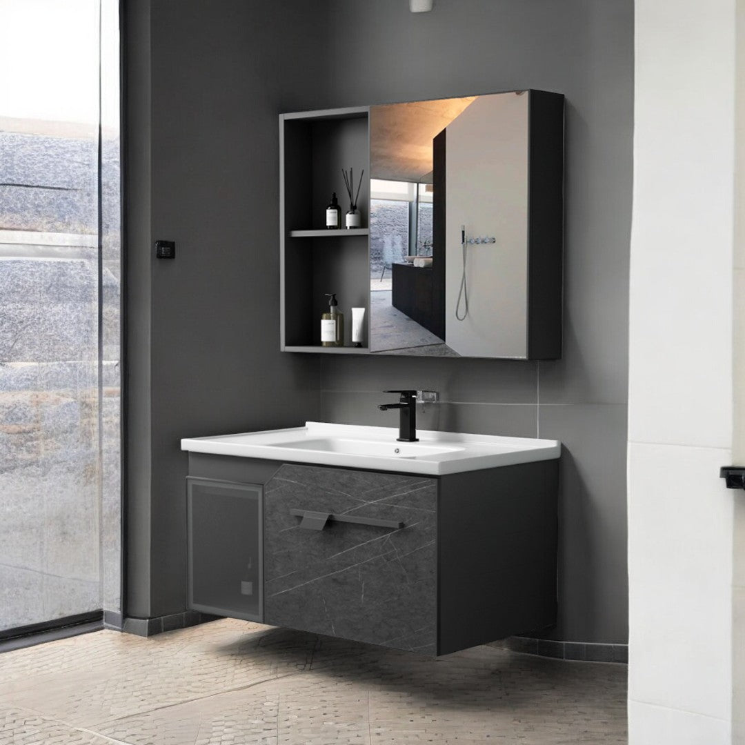 MUEBLE DE BAÑO + ESPEJO - ALUMINIO - GRIS MARMOLEADO - 80X47X45CM