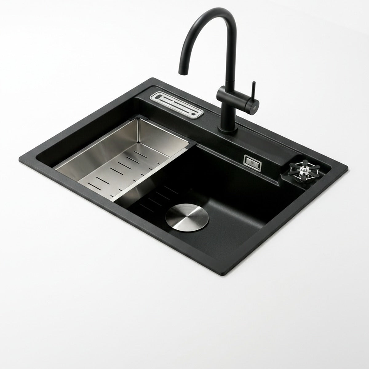 Fregadero de granito 62 cm negro con enjuagador de vasos y portacuchillos