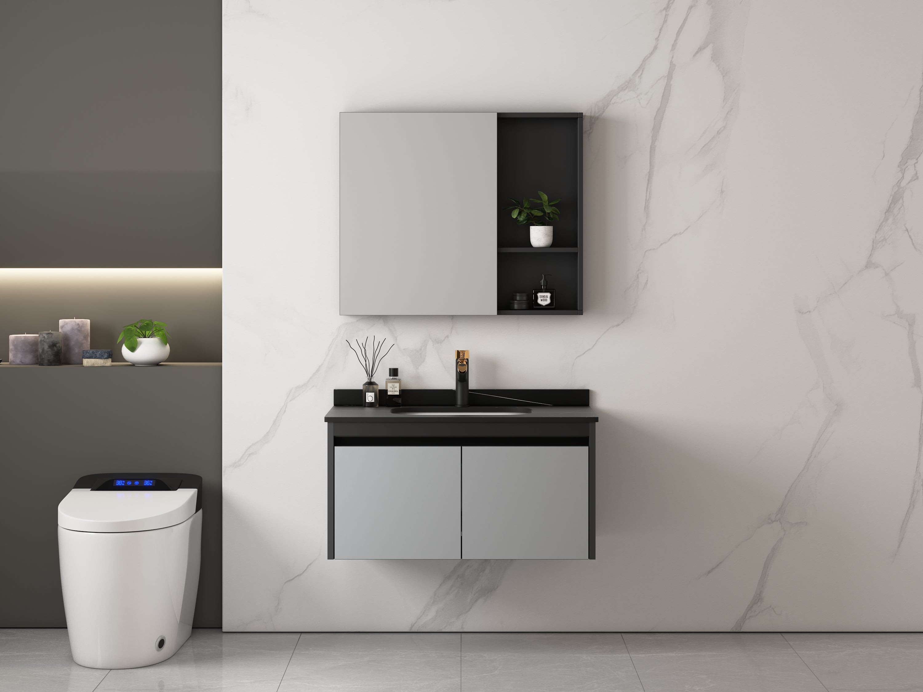 MUEBLE DE BAÑO ALUMINIO CON ESPEJO Y LAVAMANO