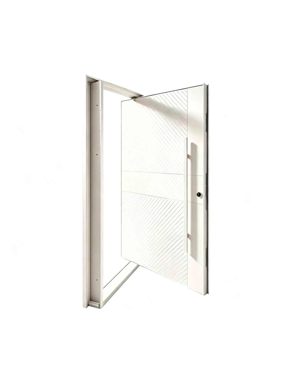 Puerta de seguridad blanco mate vista abierta con marco y bisagras