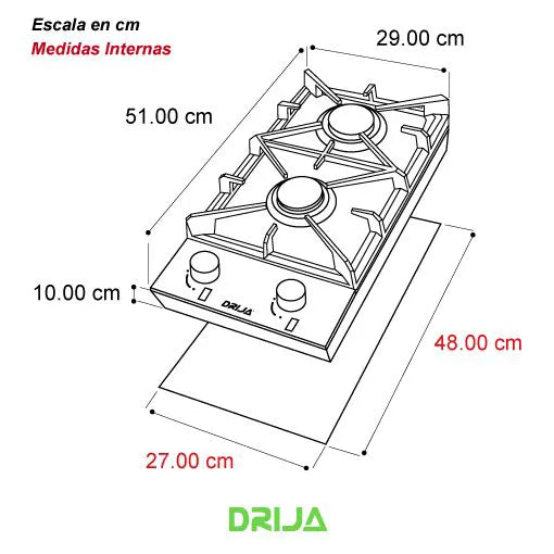 ESTUFA A GAS ACERO INOXIDABLE 30 CM 2 QUEMADORES | DRIJA MILAN 30 | ACERO INOXIDABLE