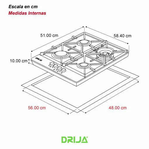 ESTUFA A GAS VITROCERÁMICA 60 CM 4 QUEMADORES | DRIJA TOSCANA 60 PRO-B | NEGRO