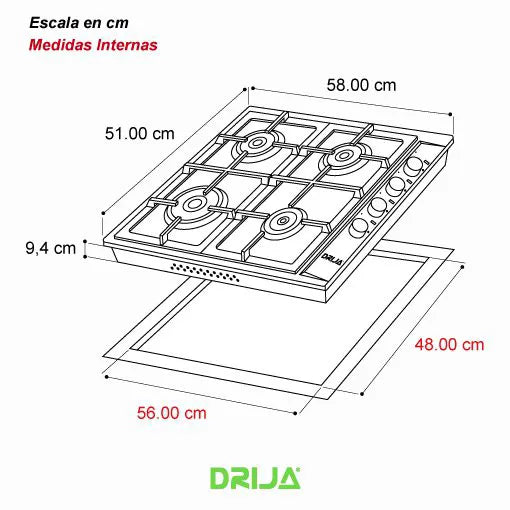 ESTUFA A GAS ACERO INOXIDABLE 60 CM 4 QUEMADORES | DRIJA TURIN 60-I | ACERO INOXIDABLE