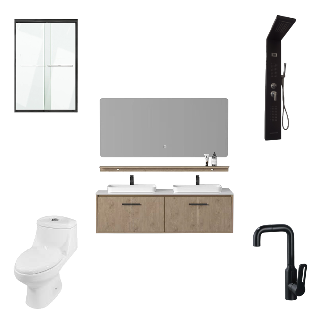 BATHROOM COMBO B (Double Bathroom Cabinet + LED Mirror + Shower Door + Shower Panel + Toilet + 2 Taps).