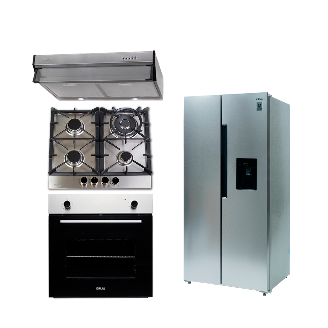 COMBO A REFRI - DRIJA - 60CM / 24” - ACERO(Estufa, Horno, Extractor Y Refrigerador).