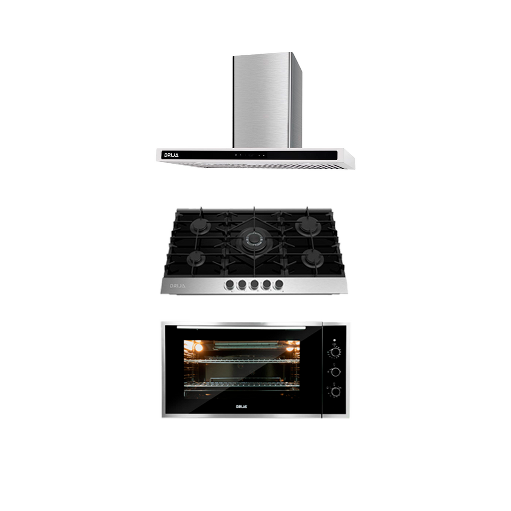 COMBO C PREMIUM - DRIJA - 90CM / 36” – ACERO/VIDRIO(Estufa, Horno y Extractor).