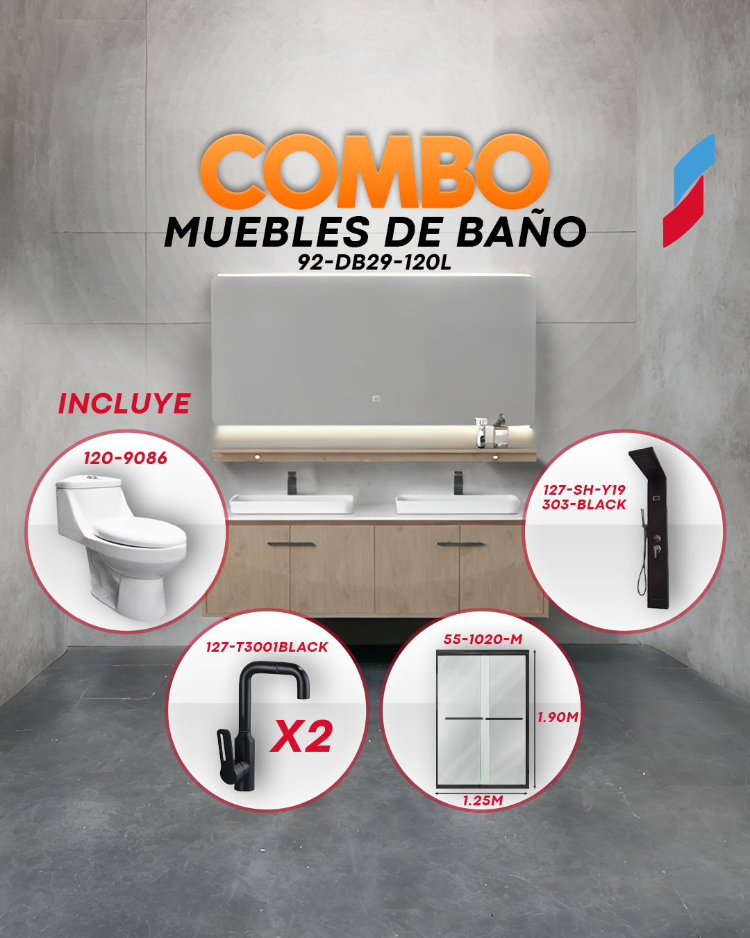 COMBO BAÑO B (Mueble de Baño Doble + Espejo LED + Puerta de Ducha + Ducha Panel + Inodoro + 2 Grifos).