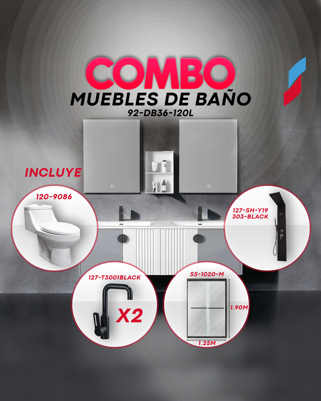 BATHROOM COMBO A (Double Bathroom Cabinet + LED Mirror + Shower Door + Shower Panel + Toilet + 2 Taps).