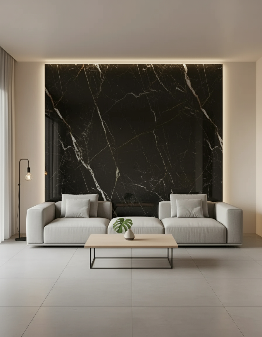 LÁMINA DE MÁRMOL PVC – NEGRO MARQUINA – BRILLANTE – 1220×2800×3 MM – 3.41M²