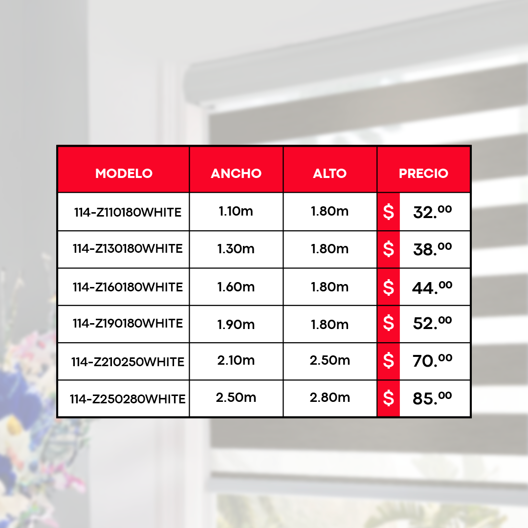 CORTINAS ENROLLABLES ZEBRA - 70CM A 2.50M - WHITE