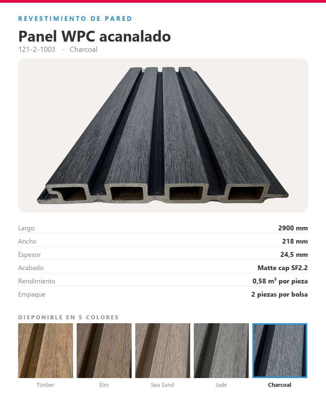 LÁMINA WPC ACANALADA EXTERIOR 2900×218×24.5MM | MODELO 99201 | CHARCOAL | BOLSA 2 PIEZAS