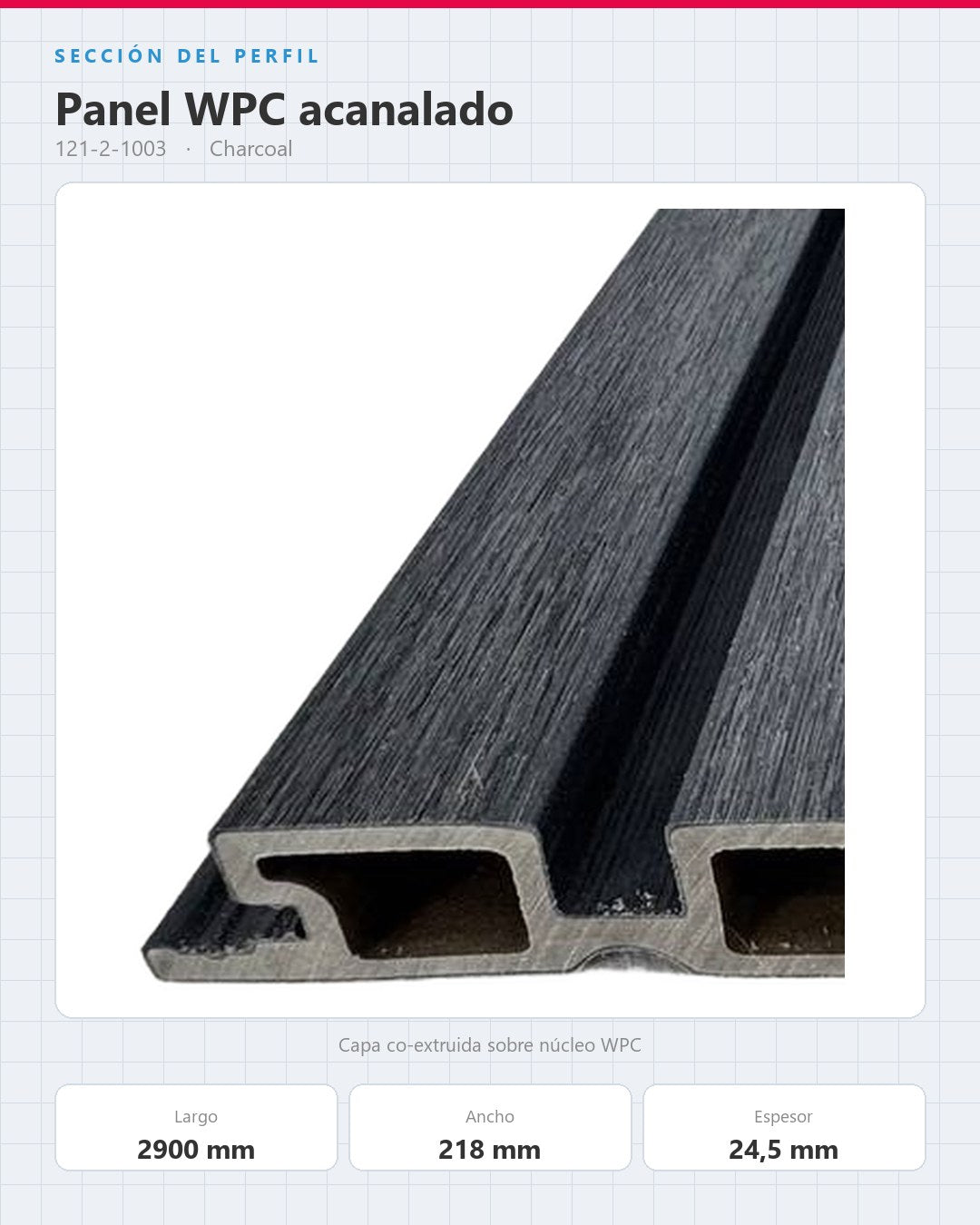 LÁMINA WPC ACANALADA EXTERIOR 2900×218×24.5MM | MODELO 99201 | CHARCOAL | BOLSA 2 PIEZAS