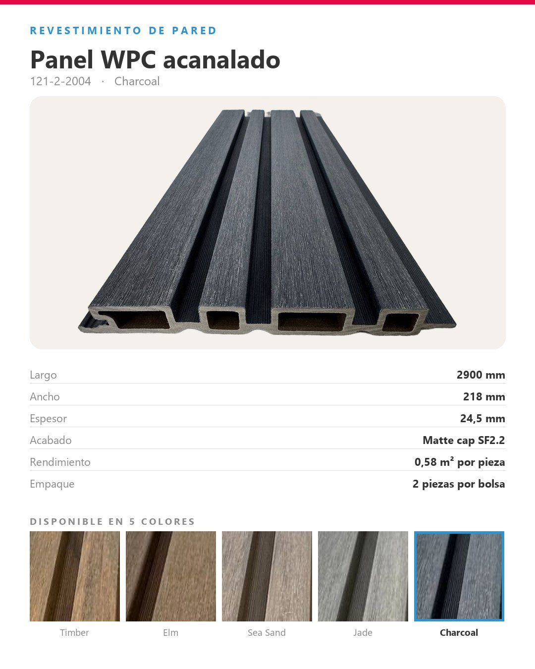 LÁMINA WPC ACANALADA EXTERIOR 2900×218×24.5MM | MODELO 99315 | CHARCOAL | BOLSA 2 PIEZAS
