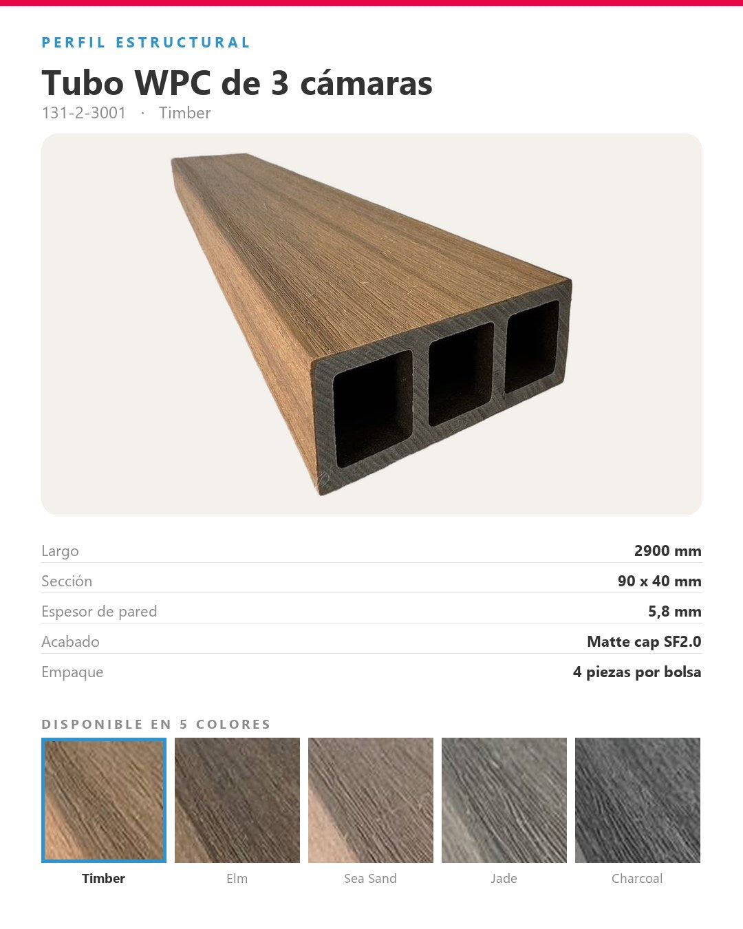 TUBO WPC EXTERIOR DE 3 CÁMARAS 2900×90×40MM | TIMBER | BOLSA 4 PIEZAS