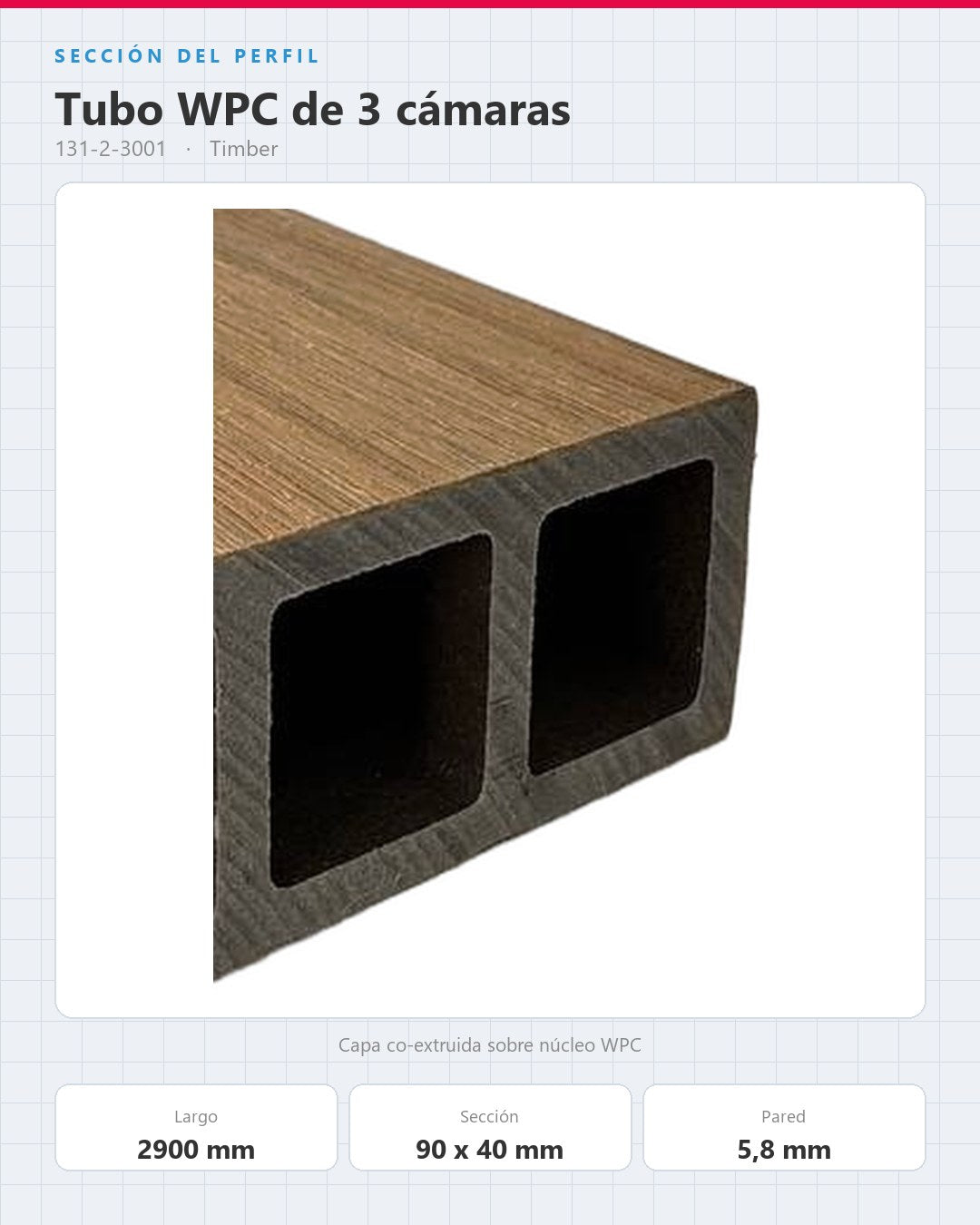 TUBO WPC EXTERIOR DE 3 CÁMARAS 2900×90×40MM | TIMBER | BOLSA 4 PIEZAS