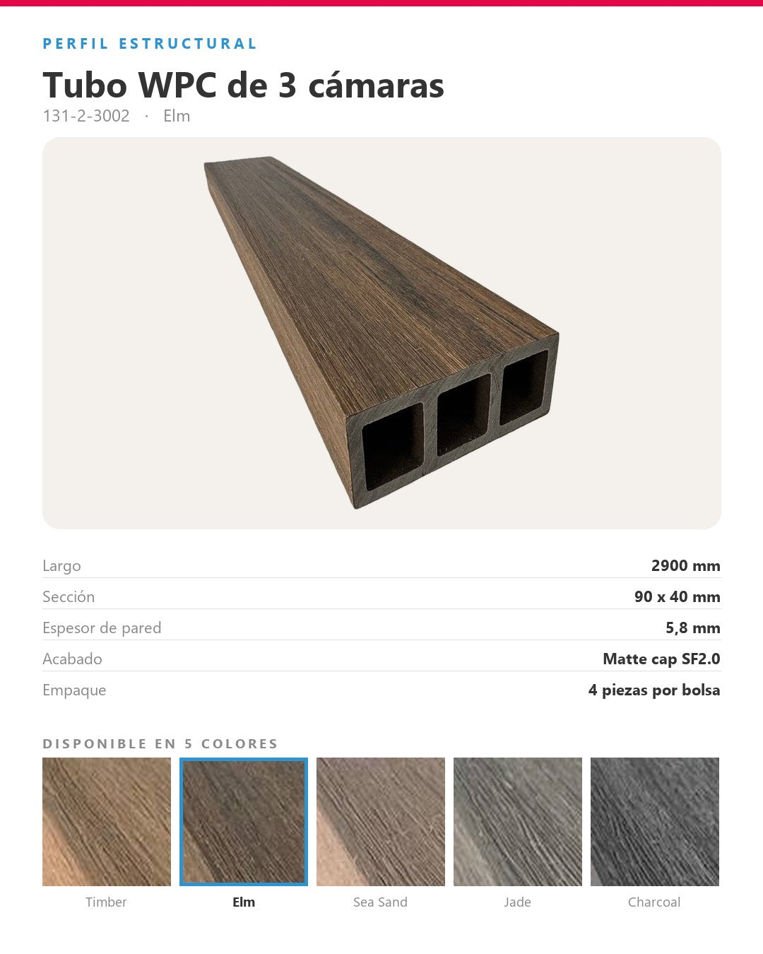 TUBO WPC EXTERIOR DE 3 CÁMARAS 2900×90×40MM | ELM | BOLSA 4 PIEZAS