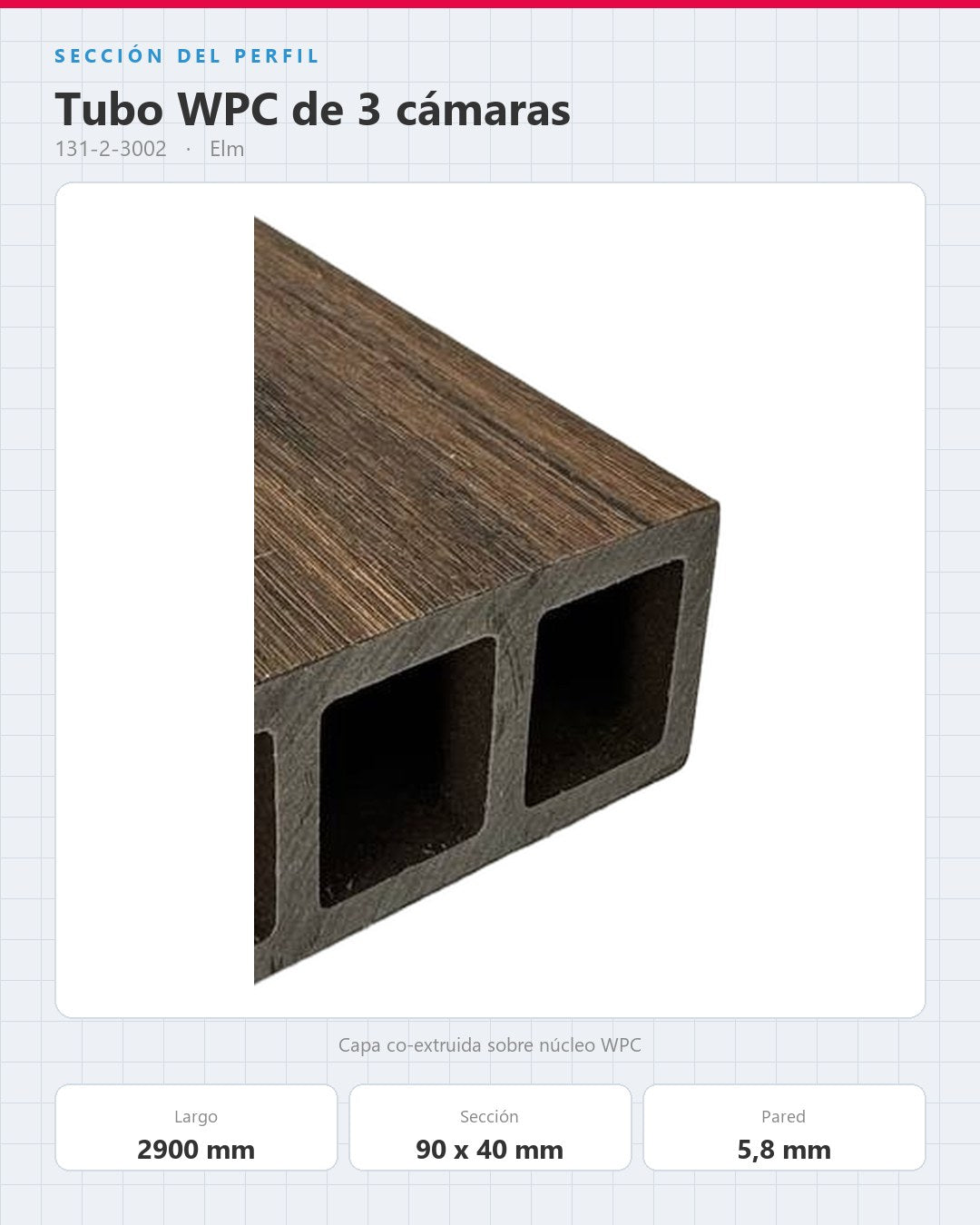 TUBO WPC EXTERIOR DE 3 CÁMARAS 2900×90×40MM | ELM | BOLSA 4 PIEZAS