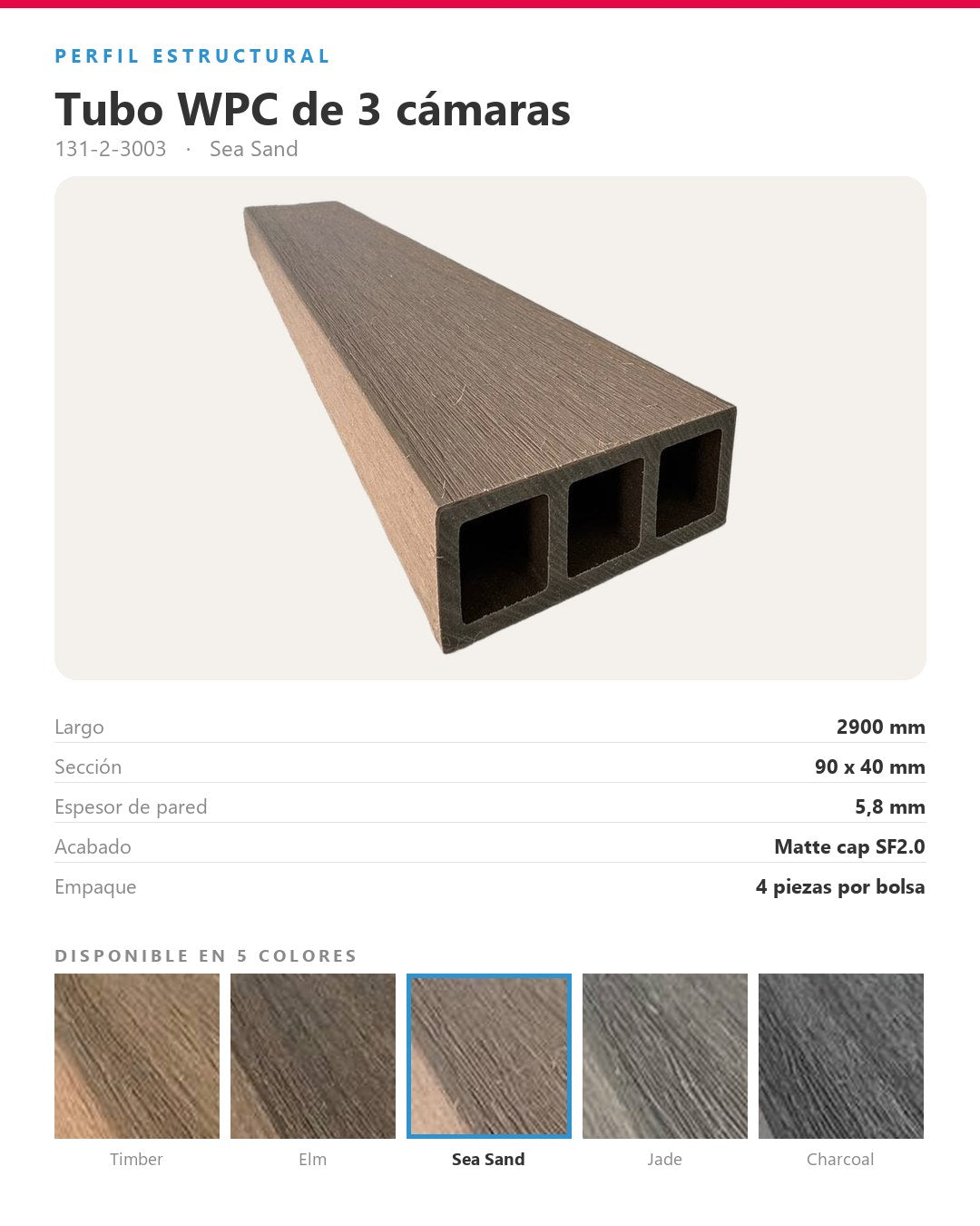 TUBO WPC EXTERIOR DE 3 CÁMARAS 2900×90×40MM | SEA SAND | BOLSA 4 PIEZAS