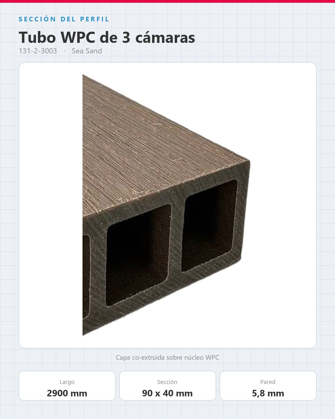TUBO WPC EXTERIOR DE 3 CÁMARAS 2900×90×40MM | SEA SAND | BOLSA 4 PIEZAS