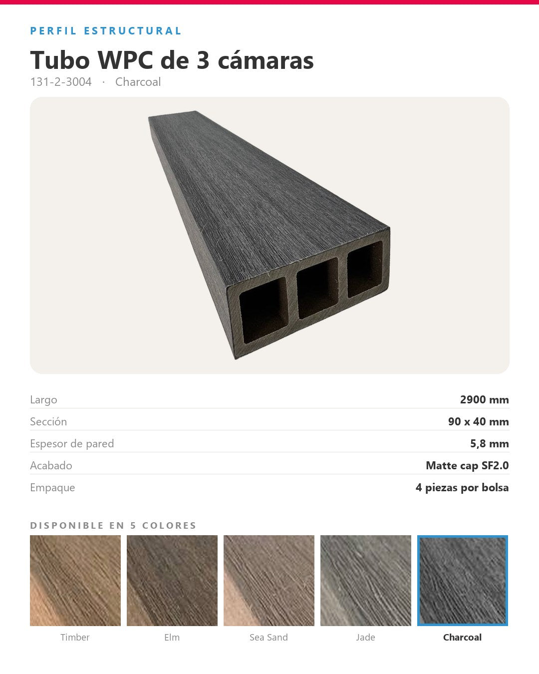 TUBO WPC EXTERIOR DE 3 CÁMARAS 2900×90×40MM | CHARCOAL | BOLSA 4 PIEZAS