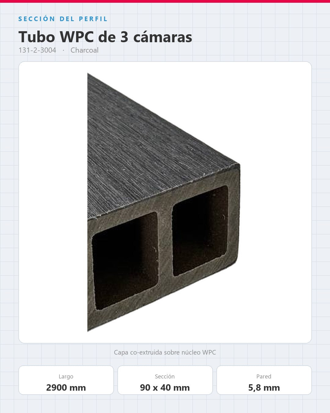 TUBO WPC EXTERIOR DE 3 CÁMARAS 2900×90×40MM | CHARCOAL | BOLSA 4 PIEZAS