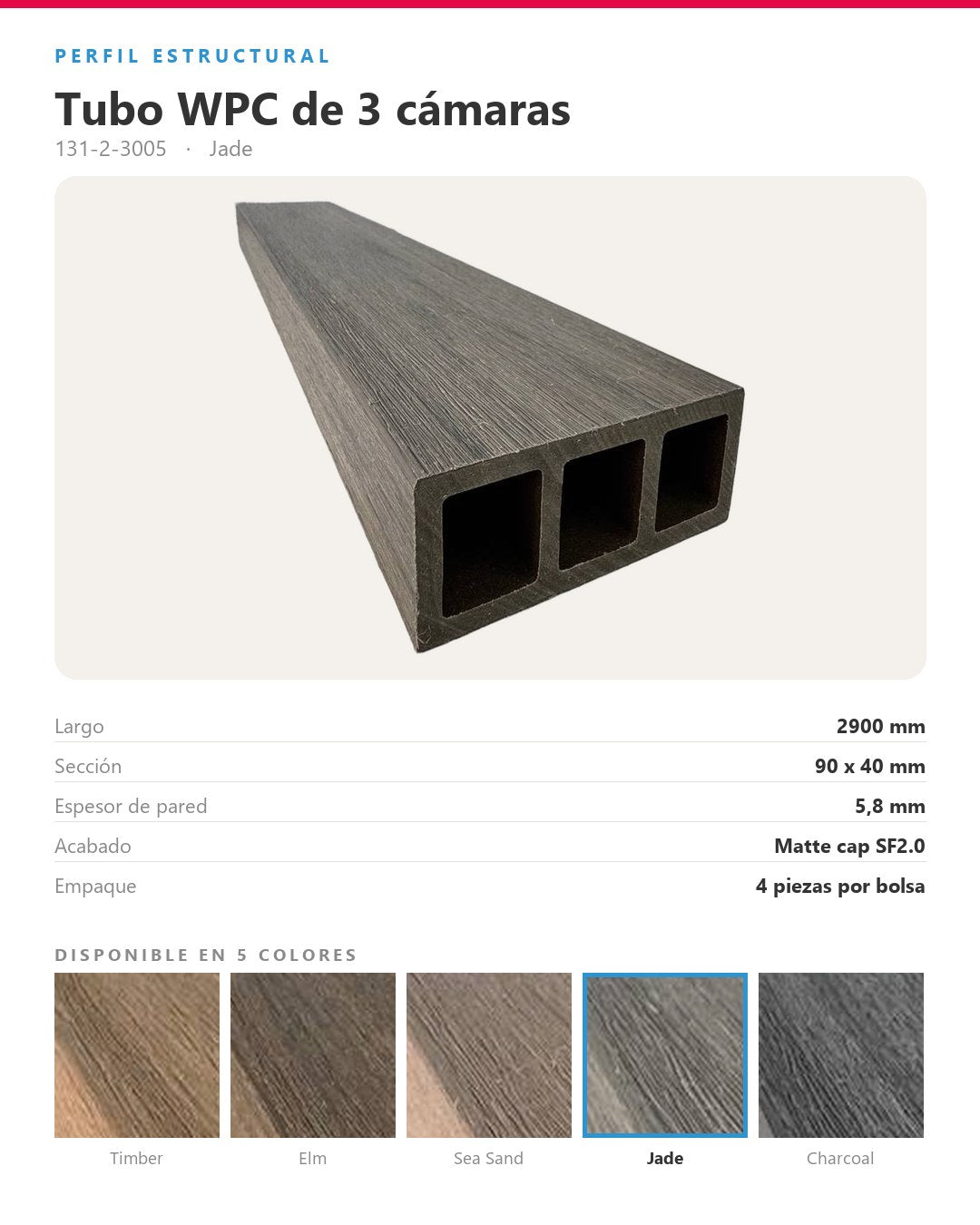 TUBO WPC EXTERIOR DE 3 CÁMARAS 2900×90×40MM | JADE | BOLSA 4 PIEZAS