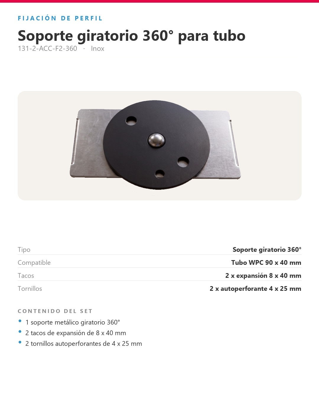 SOPORTE GIRATORIO 360° PARA TUBO WPC 90×40MM | SET CON TORNILLERÍA