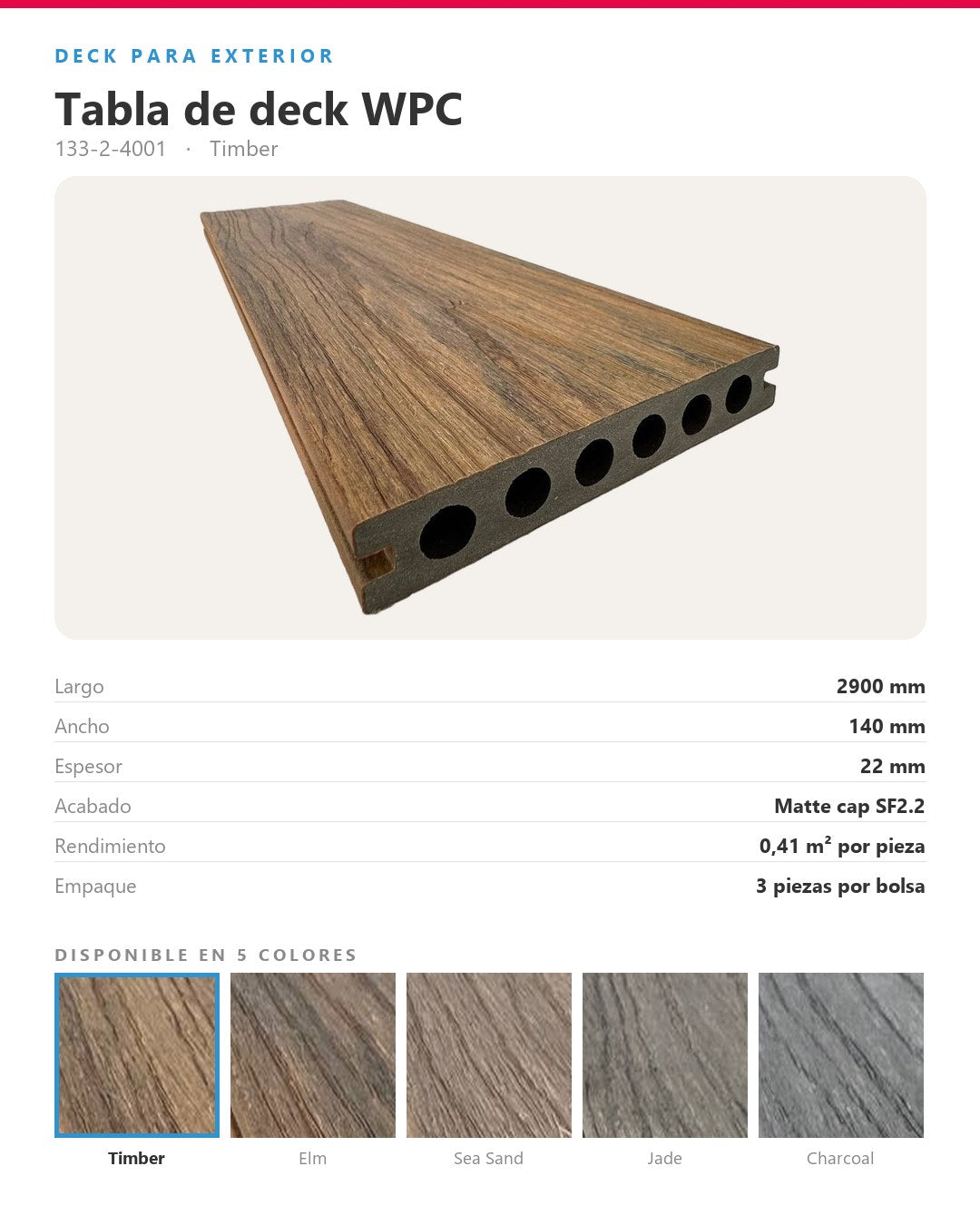 PISO DECK WPC EXTERIOR 2900×140×22MM | TIMBER | BOLSA 3 PIEZAS
